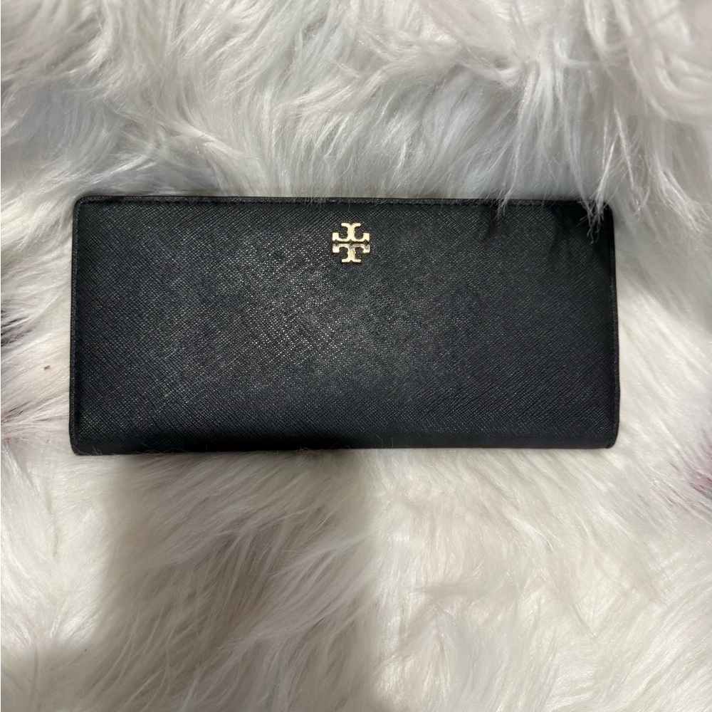 Tory Burch Black Saffiano Continental Wallet with Gold Logo
